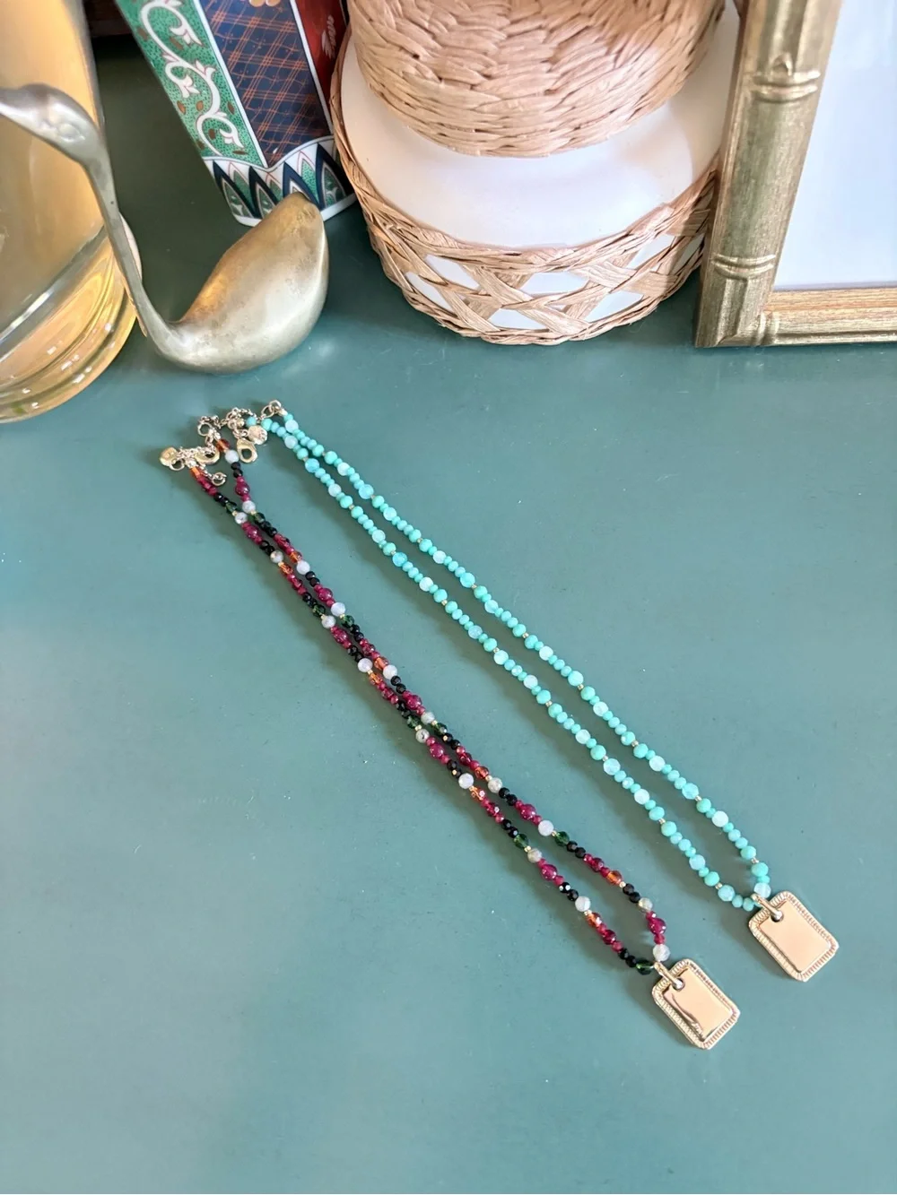 Madewell Lot 2 Multi Colored Candy Beaded Necklaces With Gold Pendants Turquoise - Picture 2 of 7